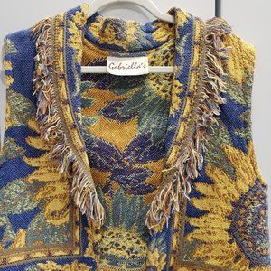 GABRIELLA'S VINTAGE EMBROIDERED GOLDEN SUNFLOWER LONG FRINGE COLLAR VEST